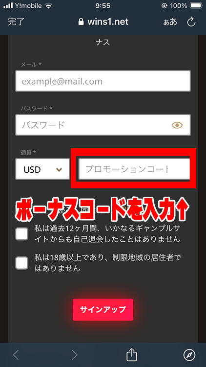 wins1casino-ボーナスコード入力場所