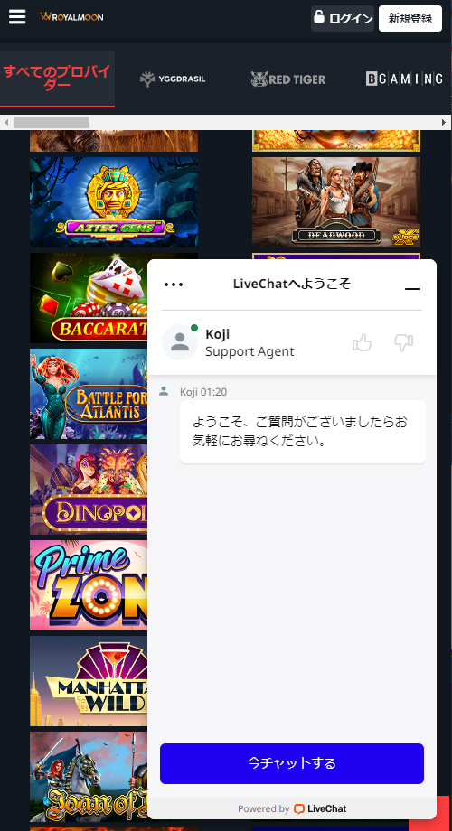 ロイヤルムーンカジノ問い合わせチャット画面